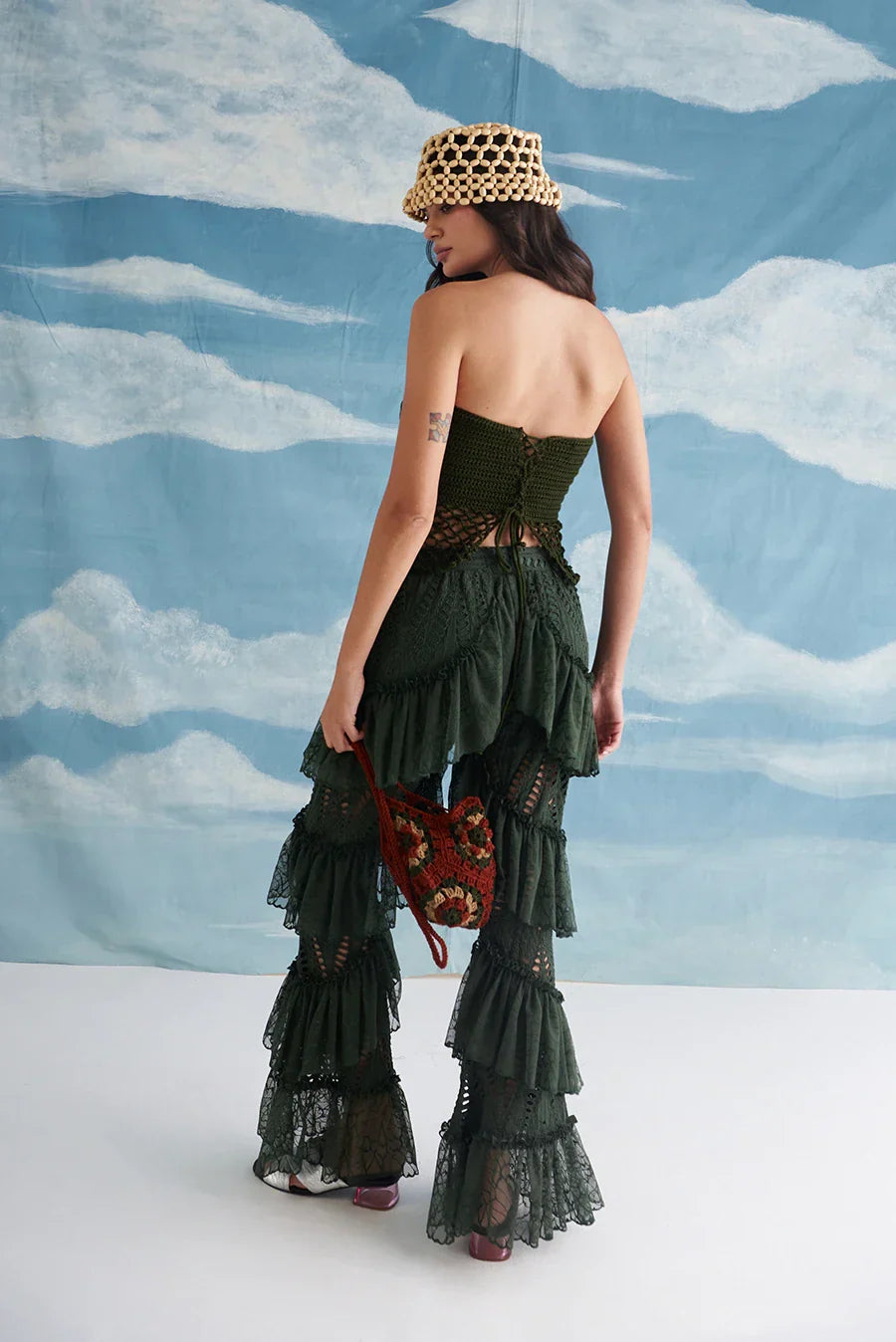 LOVE MESH BANDEAU TOP IN GREEN & PETAL AMOUR PANTS IN GREEN