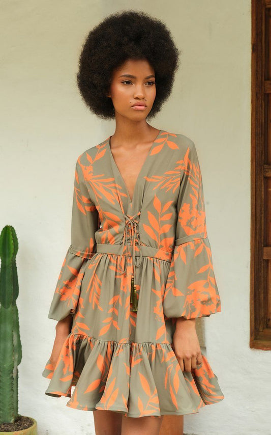 VESTIDO CREPE HOJAS VERDES